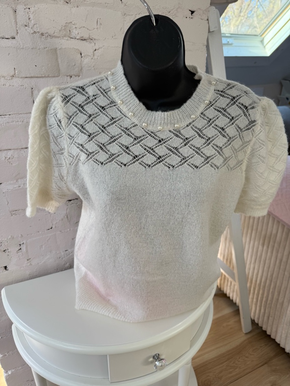 Fracomina Ivory Pearl-Trim Knit Top Mohair